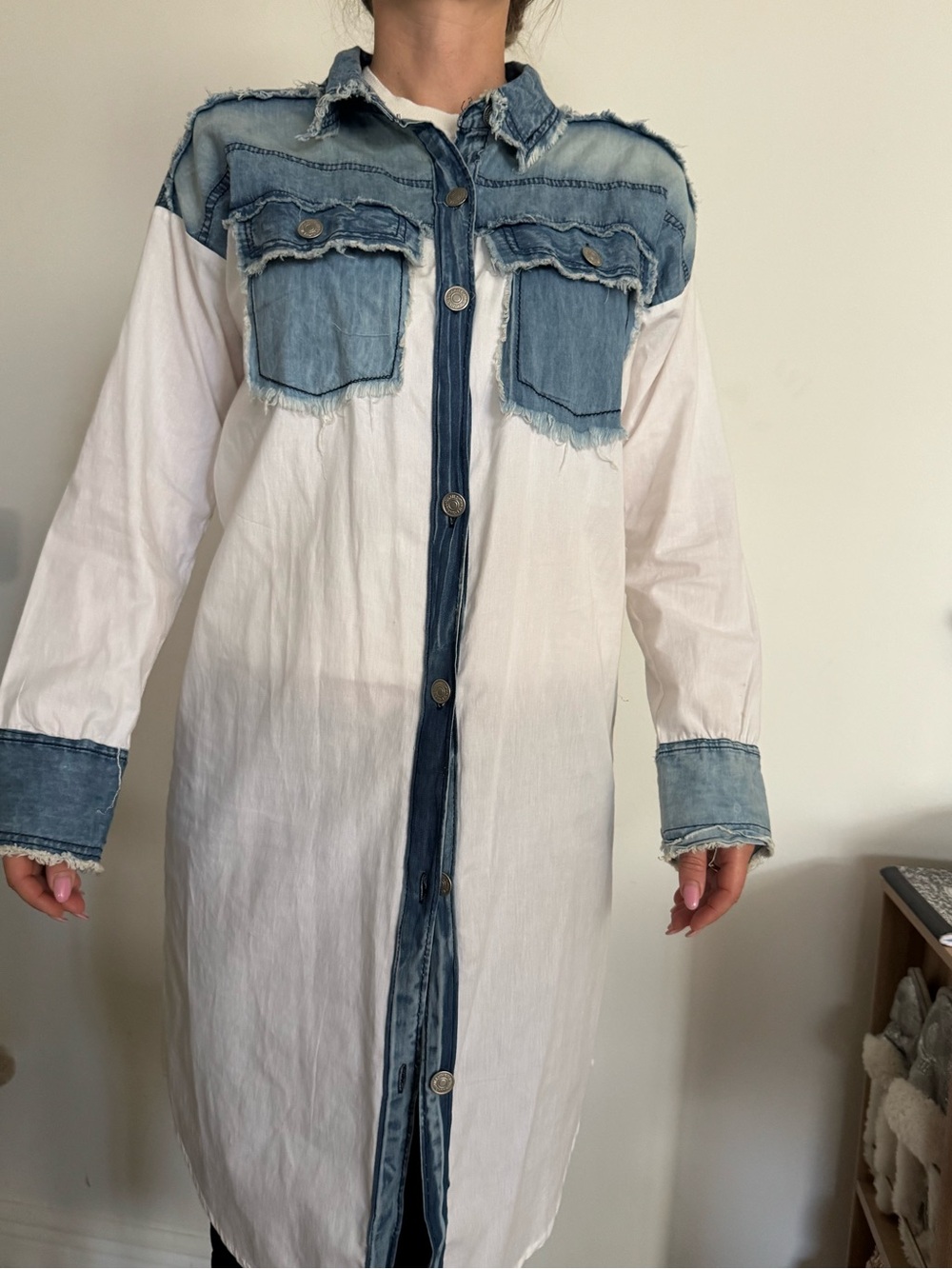 Thrill White Shirt Dress with Blue Denim Trim